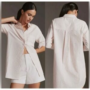 ANTHROPOLOGIE‎ Seersucker Longline Button Down Pink White Striped Shirt Larg